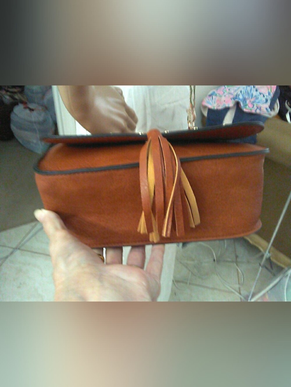 NWOT FAUX LEATHER BOHO Brown Crossbody Bag W/Tassel DECORATED  GUITAR STRAP - Picture 7 of 9